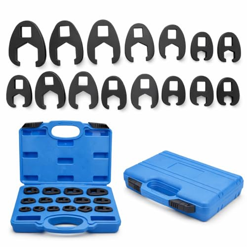 Professional 15-Piece Crow Foot Spanner Set, 3/8-inch and 1/2-inch Drive, 8-24mm Metric Sizes, Open End Wrenches