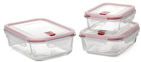 Tatay Tupper Cristal Cook & Eat | Set de 3: 1,5L + 1,1L + 0,64L | Vidrio Borosilicato | Tapa Hermética Clip, Válvula de Vapor | Apto Microondas, Horno, Nevera y Congelador | Libre de BPA, Rojo