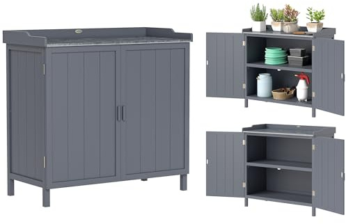 Outsunny Armoire de Rangement de Jardin autoportante, Table de rempotage 2 en 1 à Double Porte, étagères, Plateau en métal galvanisé - Gris