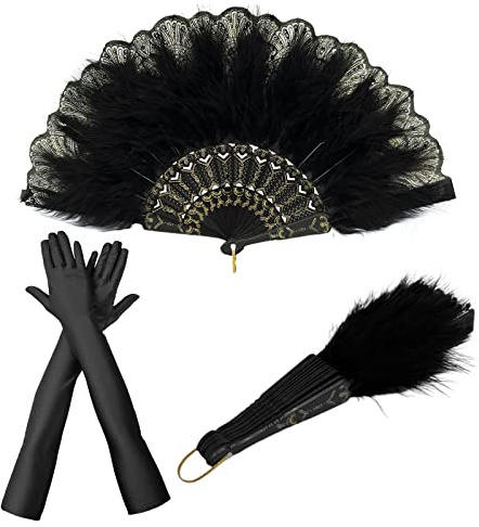 TSHAOUN Ventaglio Piuma Nero, Palmare Anni 20, Accessori Con Guanti da Banchetto, Fiore Ricamato Piumato per Vintage Gatsby Party.