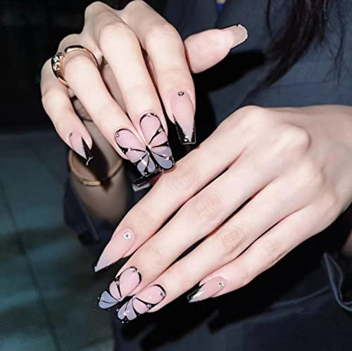 JUSTOTRY 24 Stück Schmetterling Sarg Nägel Zum Aufkleben Lang mit Jewels,Schwarz French Künstliche Nägel,Ballerina Kunstnägel Press on Nails,Coffin Fingernägel Fake Nails Mittel für Frauen