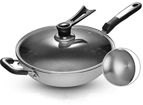 OQHAIR Wok para inducción Wok de Acero Inoxidable 304 Fondo Redondo Salteado Sartén Antiadherente Estufas de Gas sin Recubrimiento Cocina de inducción cóncava Olla Especial (Tamaño: 32 cm