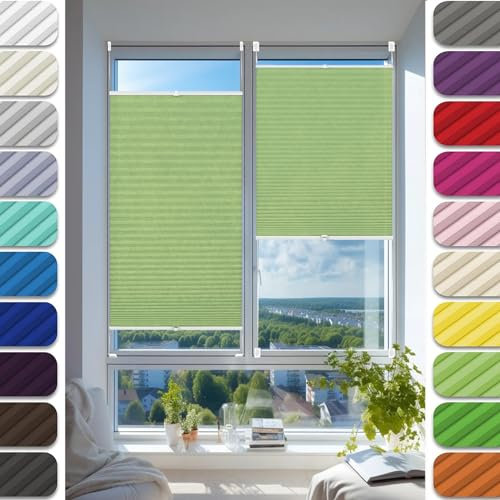 Plissee Ohne Bohren Klemmfix 30 x 105 cm, Sonnenschutz Easyfix lichtdurchlässig, Plissee Rollo Jalousie Klemmfix, Plisseerollo Rollo Jalousie, für Fenster & Tür, Zart Grün
