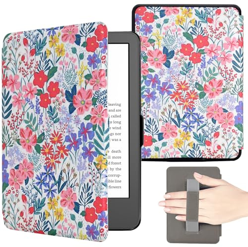 KEROM 6'' Kindle Paperwhite Hülle 2012-2017 (Modellnummer: EY21/DP75SDI), Leichte PU Leder Schutzhülle mit Handschlaufe und Auto Schlaf/Wach für Kindle Paperwhite 7./6./5. Generation, Rosa geblümt