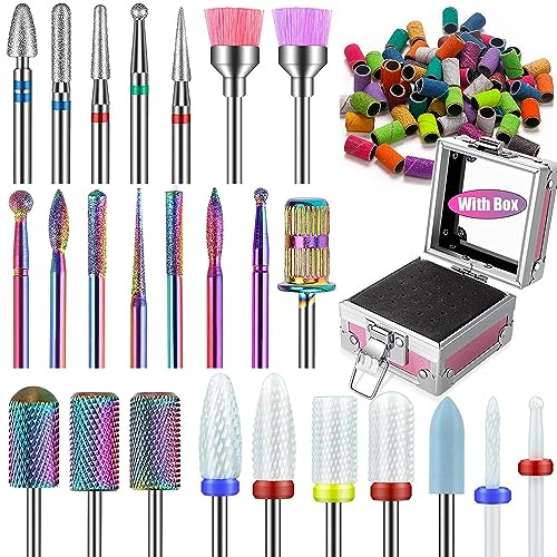 Depvko 25Pcs Nail Drill Bits Set with Pink Holder and 50Pcs 8 Colors Sanding Bands, Tungsten Carbide Ceramic Diamond 3/32 inch Drill Bits for Nails Remove Acrylic Poly Nail Gel Nail Polish