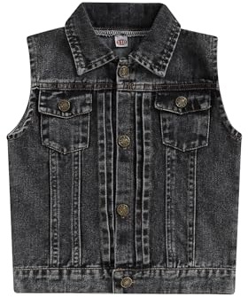 Dubute Jeansjacke für Kinder, Mädchen, Jungen, Weste, Mäntel, ärmellos, Umlegekragen, Knopfverschluss, Jacken, Oberbekleidung, Graues Schwarz, 5-6 Years