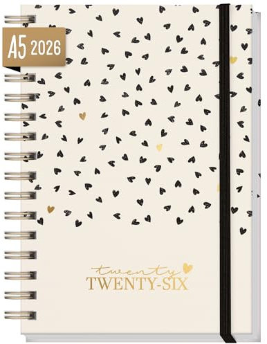 Häfft® Internationell kalender 2026 A5 Golden Hearts med spiralbindning på språken: EN/FR/IT/ES - personlig organiserare, timer, ringkalender, livsplanerare - hållbar & klimatvänlig