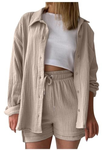 damen zweiteiler strick, Zweiteiler Damen Sommer Outfits Musselin Bluse und Shorts, Aesthetic 2 Teiler Lounge Set Elegant Baumwolle Sportanzug Oversize Hosenanzug Langarm Hausanzug Y2K Clothes