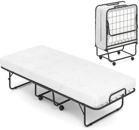 Multigot Folding Bed with 10cm Thick Memory Foam Mattress and Wheels, Portable Metal Frame Guest Bed, Rollaway Fold up Single Sleeper Beds for Home Office Camping (190 x 80 x 42 cm)