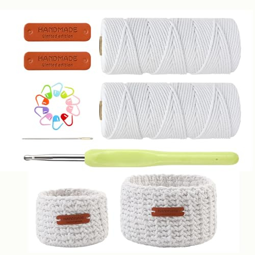 letuxaamz Cestas de ganchillo, juego de ganchillo para principiantes, hilo de macramé, etiquetas de cuero, 2 tamaños, cestas de ganchillo, juego de ganchillo para cestas con lana de ganchillo, cestas
