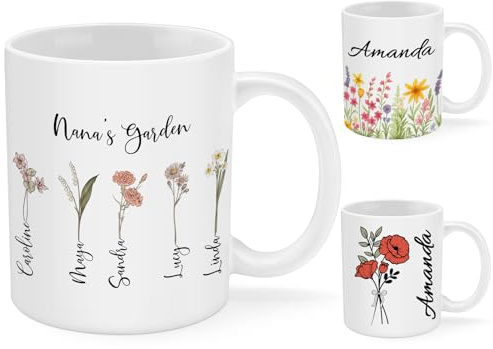 FIDWALL Tasse personalisiert mit Geburtsblume – Personalisierte Tasse mit Namen oder Wunschtext, Kaffeetasse personalisiert, Monatsblume wählbar, personalisierte Geschenke für Frauen, Mama & Oma