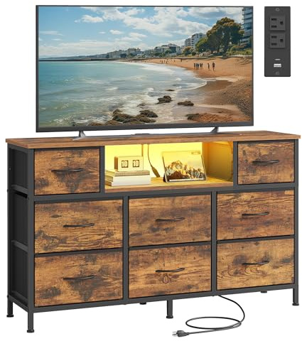 SONGMICS BELLAH Collection - Dresser for Bedroom with Outlets and LED Lights, TV Stand for TVs Up to 55 Inches, Chest of Drawers, 8 Drawers, Steel, Industrial, Rustic Brown and Ink Black ULGS433KD02S