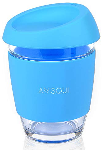 AniSqui Taza de café de Cristal Reutilizable (350ml, sin BPA, Tapa de Silicona)