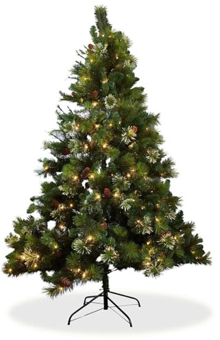 Loberon Weihnachtsbaum Aure, Christbaum mit LED-Lichterkette, echte Zapfen, Festliche Deko-Tanne, Kunstnadel-Baum, Weihnachtsdeko, Weihnachten, Eisen, Baumwolle, Kiefernzapfen, grün