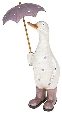 Davids Ducks Large White and Lilac Polka Dot Duck with Umbrella and Wellington Boots - Lovely Decorative Ornament - Great Gift Idea