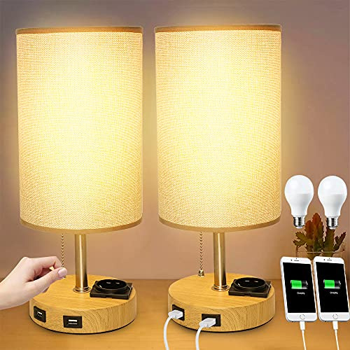 Depuley 2 Lampe de Chevet avec 2 Ports de Charge USB, Lampe de Table avec Tirez La Chaîne, LED Ampoules E27*2 5W Blanc Chaud Incluse, pour Lecture Chambre Bureau Salon [Classe énergétique A+]