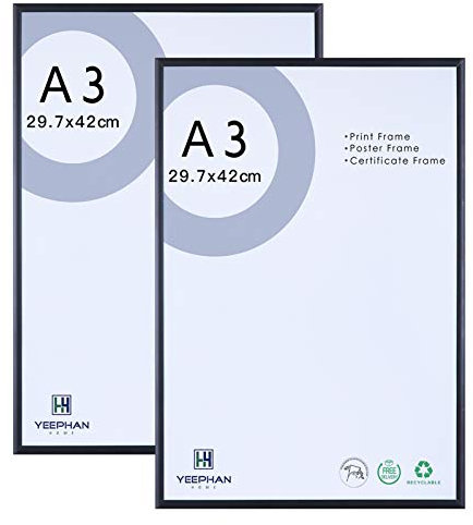 YEEPHAN A3 Aluminium-Fotorahmen mit Plastic glass front, Wandhalterung für Bild oder Zertifikat 29,7 x 42 cm schwarzer Bilderrahmen, 2er-Pack