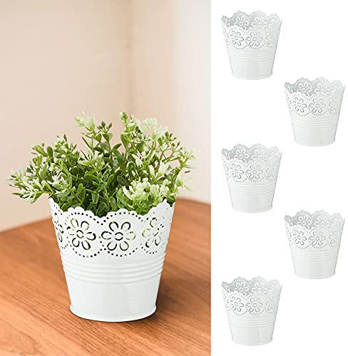 Cepewa Übertopf Daisy 6er Set 11,5 cm │ Topf weiß Blumendekor aus Metall │ Blumentopf Kräuter, Pflanzen, Blumen (1 x 6er Set Übertopf 11,5cm)