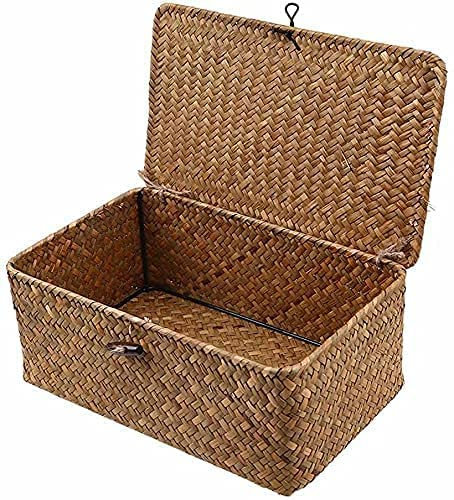 Aufbewahrungskorb, Seagrass Weidenkorb mit Deckel für Aufbewahrungskörbe, aus Rattan, geflochten, aus Manograss, mit Deckel für Aufbewahrungskörbe (groß 29 x 19 x 12 cm)