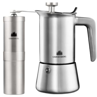 Groenenberg Spar Set 2: Kaffeemühle manuell + Espressokocher Induktion (4 o. 6 Cup) | Mokkakanne und Coffee Grinder