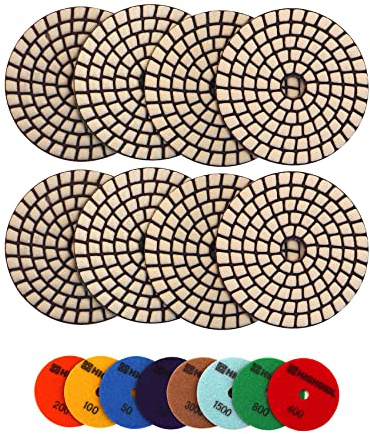 HIGHDRIL Dry Diamond Polishing Pad - 8PCS (#30-3000) 100MM Sanding Pads for Granite Stone Marble Floor Grinder Polish Pad Kit for Drill, Grinder, Polisher