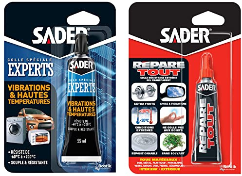Sader Colle Vibrations et Hautes Températures - Souple Extra Forte Transparente Tube 55 ml & Multi-Usages Répare Tout - Extra Forte Tous Matériaux Tube 20 g