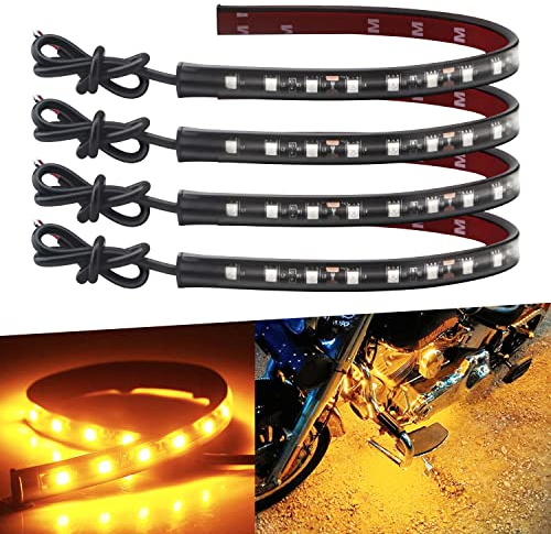 Motorbike and Car Underglow Lights - 32cm 5050 18SMD Waterproof Yellow LED 12V Light Strips - Motorcycle Atmosphere Neon Interior Lighting - Under Dash - 4PCS