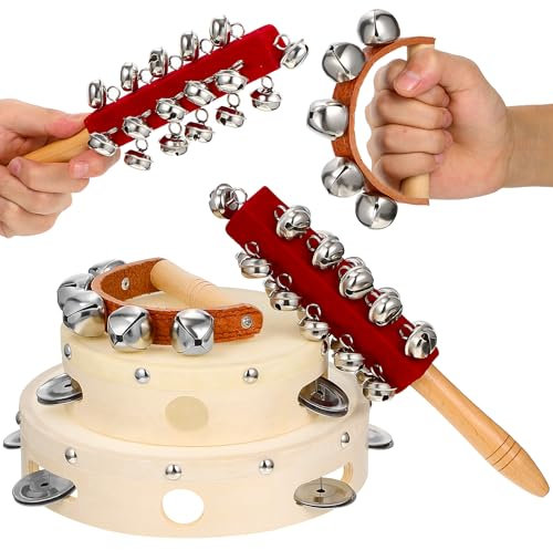 Vaguelly Hand Percussion Set: 6/8 Zoll Tamburin Handtrommel mit Metall Schellen 1 Stücke Schellenstab Schellenrassel 1 Stücke Glockenkranz mit Holzgriff Instrumente für Party Tanz Band