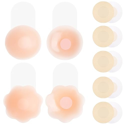 Kiiwah 2 Paia Silicone Adesivo Reggiseno Push Up e 5 Paia Traspirante Copricapezzolo, Riutilizzabile Reggiseno Adesivo Invisibile Adesivi Seno, Senza Spalline Copricapezzolo