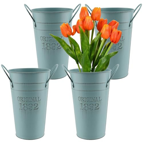 MOUYAT 4 Pack 10 Inch Vintage Metal Galvanized Flower Vase, Tall Galvanized Metal Planter Bucket with Handles, Farmhouse French Bucket for Centerpiece Wedding Decor, Floral Arrangements, Blue