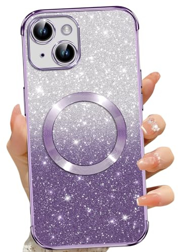 Phoona Cover Magnetica per iPhone 14, Glitter Custodia Compatibile con MagSafe, Anti Graffi, Non Ingiallente, Protezione Completa Case iPhone 14, con 2 Vetro Temperato, Viola