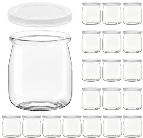 Winter Shore Tarros de Yogur Transparentes con Tapa de 200 ml (Pack de 20) - Vasos de Cristal con Tapa Multiusos para Comida, Velas, etc - Aptos para Lavavajillas, Congelador y Microondas, Sin BPA