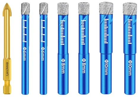 Funnytek Diamantbohrer Fliesenbohrer Glasbohrer Set 6tlg. 6/6/8/8/10/10mm | mit 6mm Karbidbohrer, für Keramik, Granit, Glas, Porzellan, Fliesen, Feinsteinzeug