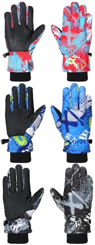 Bencailor 3 Pairs Kids Winter Gloves Waterproof Snow Ski Gloves Warm Windproof Adjustable Mittens for Boy Girl Outdoor(6-10 Years,Red, Blue, Gray)