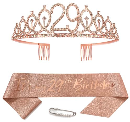Écharpe or rose pour 29e anniversaire de fille, couronne de princesse, diadème de reine, diadème avec strass, décorations d'anniversaire pour femme, fournitures de fête d'anniversaire de 29 ans
