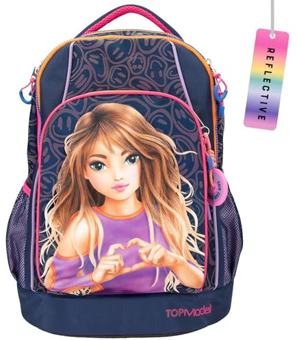 Depesche 12739 TOPModel Night Light - Schulrucksack in Dunkelblau mit Model-Motiv, Schultasche mit verstellbaren Trägern und Anhänger