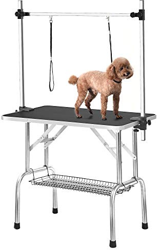 Jintop 36 Professional Dog Pet Grooming Table,with Waterproof Plywood Top,Adjustable Heavy Duty Portable Pets Desk,w/Arm/Noose/Mesh Tray,Maximum Capacity Up to 330LB,Stainless Steel Black