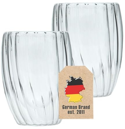 Intirilife 2x Doppelwandige Thermo Gläser -Striped Style- 210 ml Füllmenge - Tassen Set 2 teilig- Schwebeeffekt, Mundgeblasen isoliert für Cappuccino Latte hitzebeständiges Tee Kaffee Glas ohne Henkel