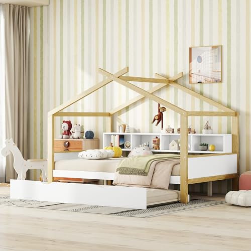 HAINEW Kinderbett Hausbett 140 x 200cm mit 90 x 180cm Ausziehbett, Kinder Holzbett mit Vier Staufächern und Lattenrost für Jungen und Mädchen, Ohne Matratze