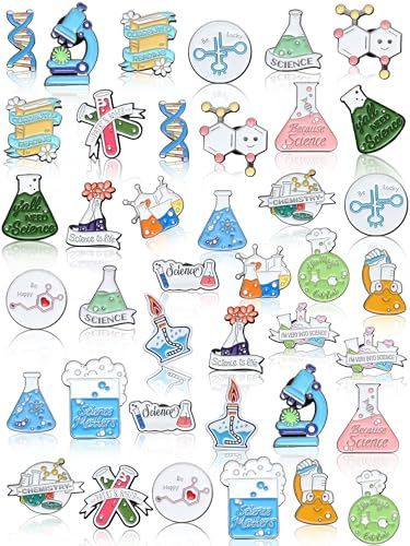 40 piezas de pines de esmalte de ciencia para broche de ciencia a granel, lindos pines de dibujos animados kawaii de científico, pin de solapa para laboratorio de química, para la vuelta al cole, para