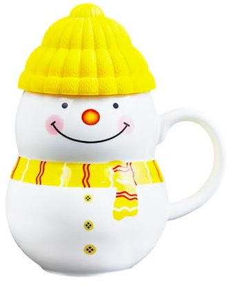 PLUSHCEWT Christmas Coffee Mug, Snowman-Shaped Ceramic Teacup with Soft Plastic Lid Made of C Material in The Same Colour, 400ml (Yellow)