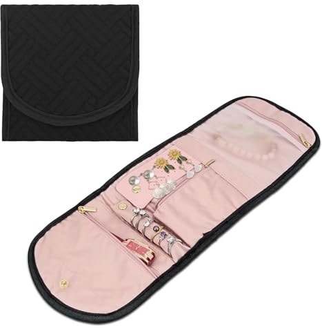 AfitLulu Faltbare Schmuckrolle Tasche Rolle, Schmuckschatulle für Reisen, weich, Damen, tragbar, Schmuck-Organizer für Ohrringe, Ringe, Halsketten, Schmuck (Schwarz)