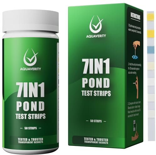 AQUAVERITY 7-in-1 Pond Test Strips – Accurate Pond Water Test Kit for pH, Nitrate, Nitrite, Carbonate, Hardness, Total & Free Chlorine – Easy-to-Use Accessories for All Garden Ponds – 50 Strips