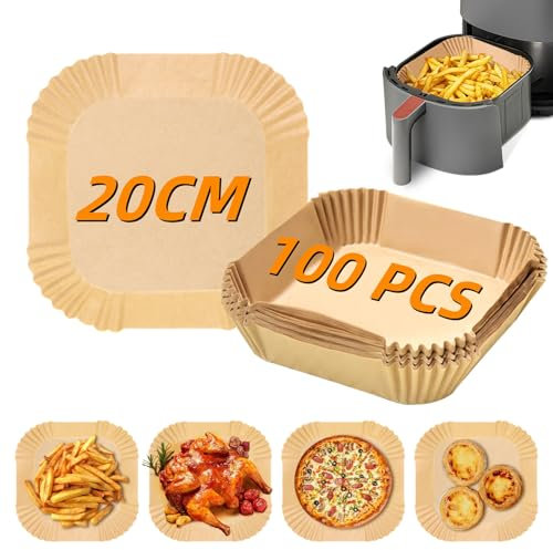 100 Pezzi Carta Forno per Friggitrice ad Aria, ELEPRUC Teglia Forno Accessori Antiaderente, 20-24cm Carta Air Fryer Quadrata,Carta Fodera Antigrasso per 4.5-8L Friggitrice ad Aria, Forno, Microonde