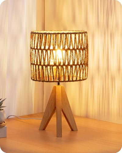EDISHINE Lampe de Chevet Trépied en Bois Massif, E27 Ampoule de 2700K 4W Incluse, Abat-jour en Corde Tissée à la Main, 20 x 20 x 36 cm, Lampe de Table Moderne pour Chambre, Salon, Hôtel