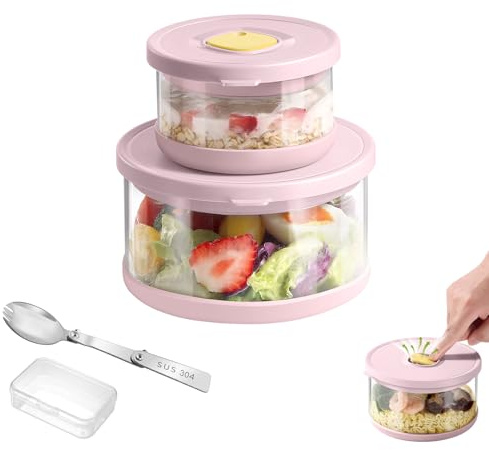 SAYAPE Glass Food Storage Containers with Airtight Lids, 33.8oz & 11.8oz High-Borosilicate Glass Meal Prep Containers with Spork, Bento Lunch Boxes for Salad, Ramen, Soup, Snacks, Fruit - 2 Pack, Pink