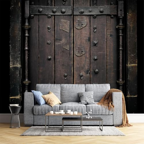JEDTAKCT Papier Peint Panoramique Porte En Bois Vintage 400X280Cm - Photo Décoration Murale – Papier Peint Mural Pour Cuisine Chambre, Salon, Fond Tv - Art Médiéval - Revêtement Mural