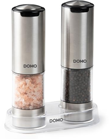 DOMO DO3102 Set Moulins à Sel et Poivre automatiques avec USB-C rechargeable - 2 Moulins - Acier brossé Inox - Eclairage LED - Grand réservoir transparent de 95 ml