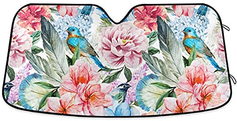 Frontscheibenabdeckung Aquarell Pfingstrose Vögel Vintage Blumen Federn Windschutzscheibe Schützt Innenraum Autoscheibenabdeckung Universal Windschutzscheibenabdeckung Für Wohnmobil SUV S