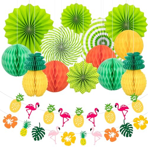 Phlognfy Hawaii Thema Party Dekoration Set, Summer Party Deko Gartenparty, 6 Grüne Papierfächer, 5 Wabenbälle, 2 Ananaswaben, 2 Flamingo Ananas Filzbanner, für Sommer Geburtstagdeko Dschungel